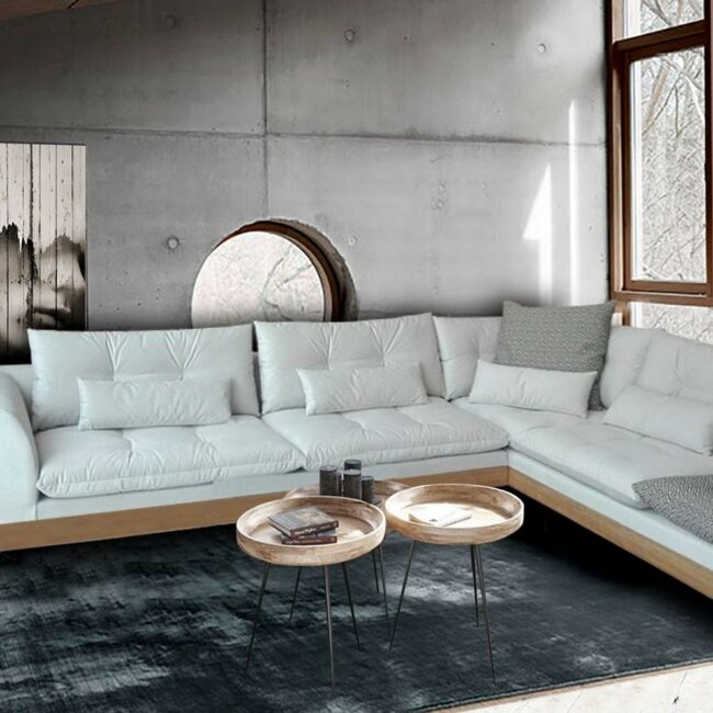 Έπιπλα σαλονιού γωνιακός καναπές με ξύλινη μπάζα σκελετό