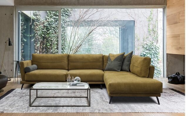 Σαλόνι γωνιακό καναπές πολυμορφικός ρετρό μαξιλαράτος μαύρα πόδια σιδερένιο