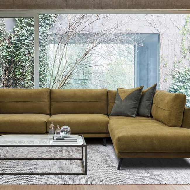 Σαλόνι γωνιακό καναπές πολυμορφικός ρετρό μαξιλαράτος μαύρα πόδια σιδερένιο