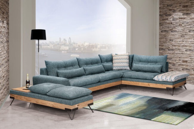 Σαλόνι γωνιακό με ξύλινη μπάζα καναπές με σιδερένια πόδια σταθερός